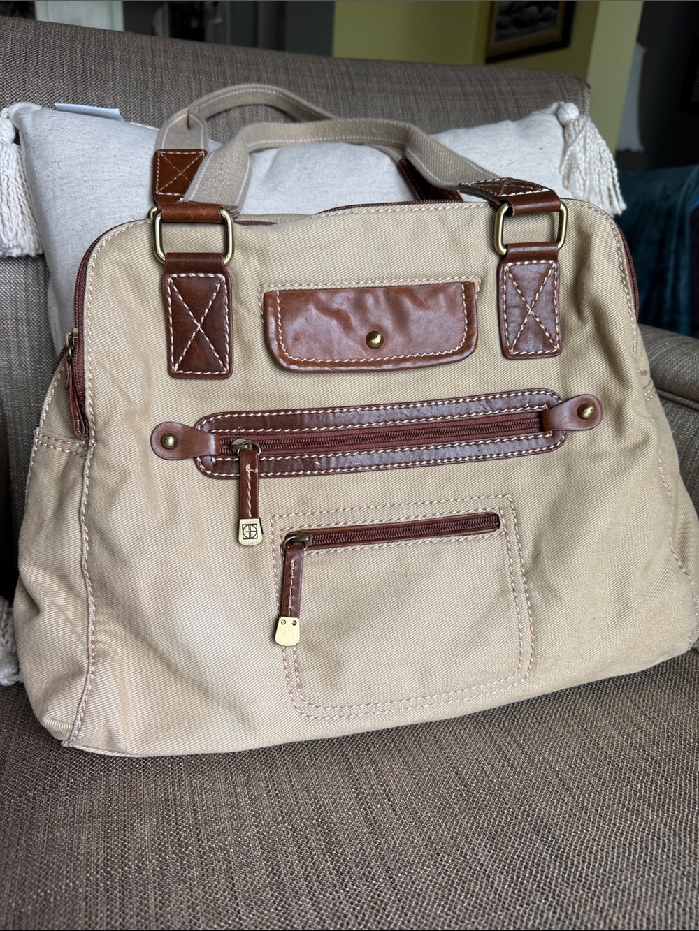 Giani Bernini Beige Canvas Tote with Brown Trim
